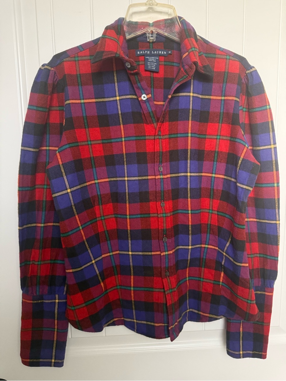 Ralph Lauren Skinny Fit Plaid Blouse Puff Sleeve Button Down Holiday Tartan 10